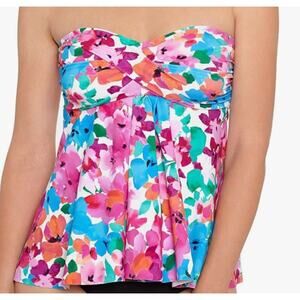 Swim Solutions Pink Blue Green Floral Twisted Bandeau Tankini Top 16 NWT